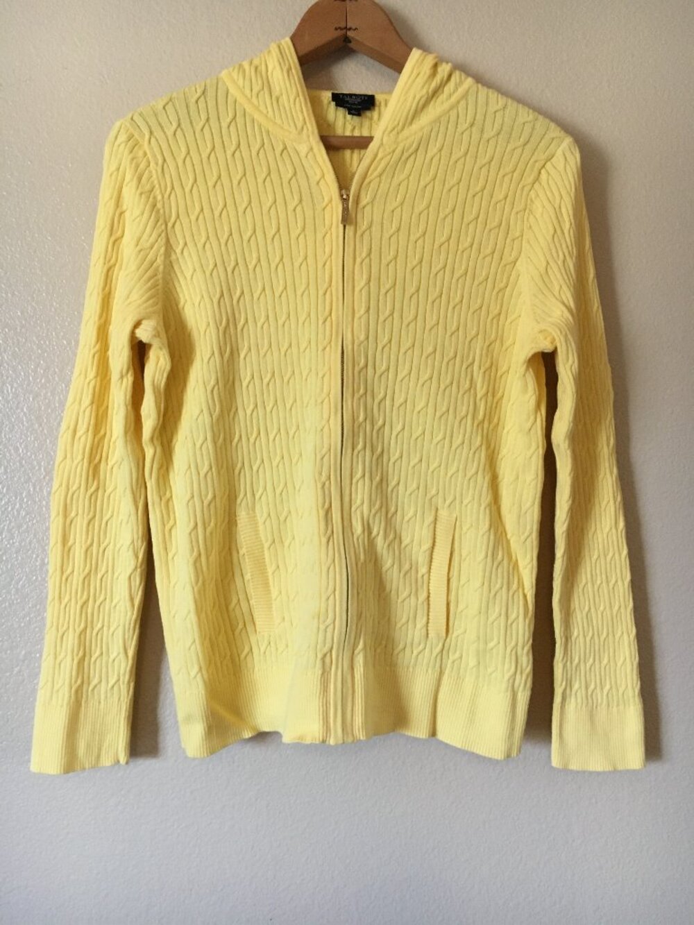 Talbots Yellow Sweater Hoodie Jacket PL Pima Cotton Cable Knit Soft Preppy